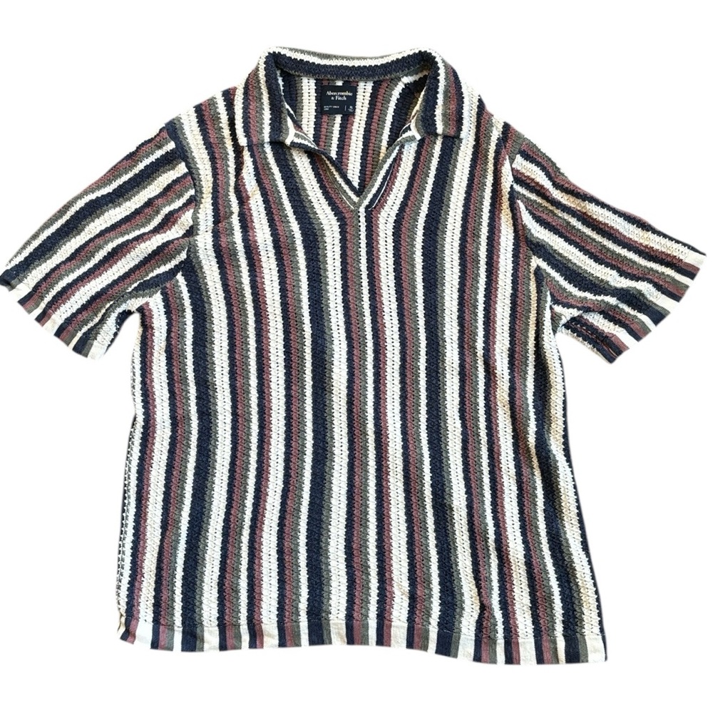 Abercrombie & Fitch Crochet Sweater Polo Men’s XL Striped Cable Knit V Neck